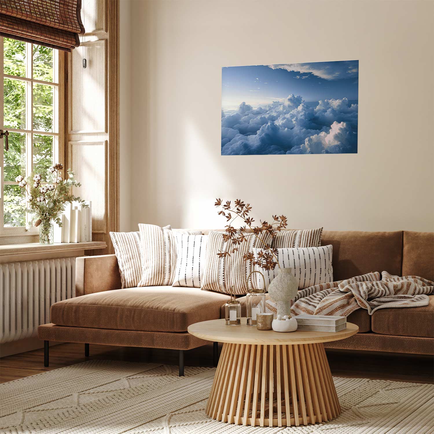 Poster - Aerial Landscapes: Sunbeams Illuminating Puffy Cloud Formations - Afbeelding 2