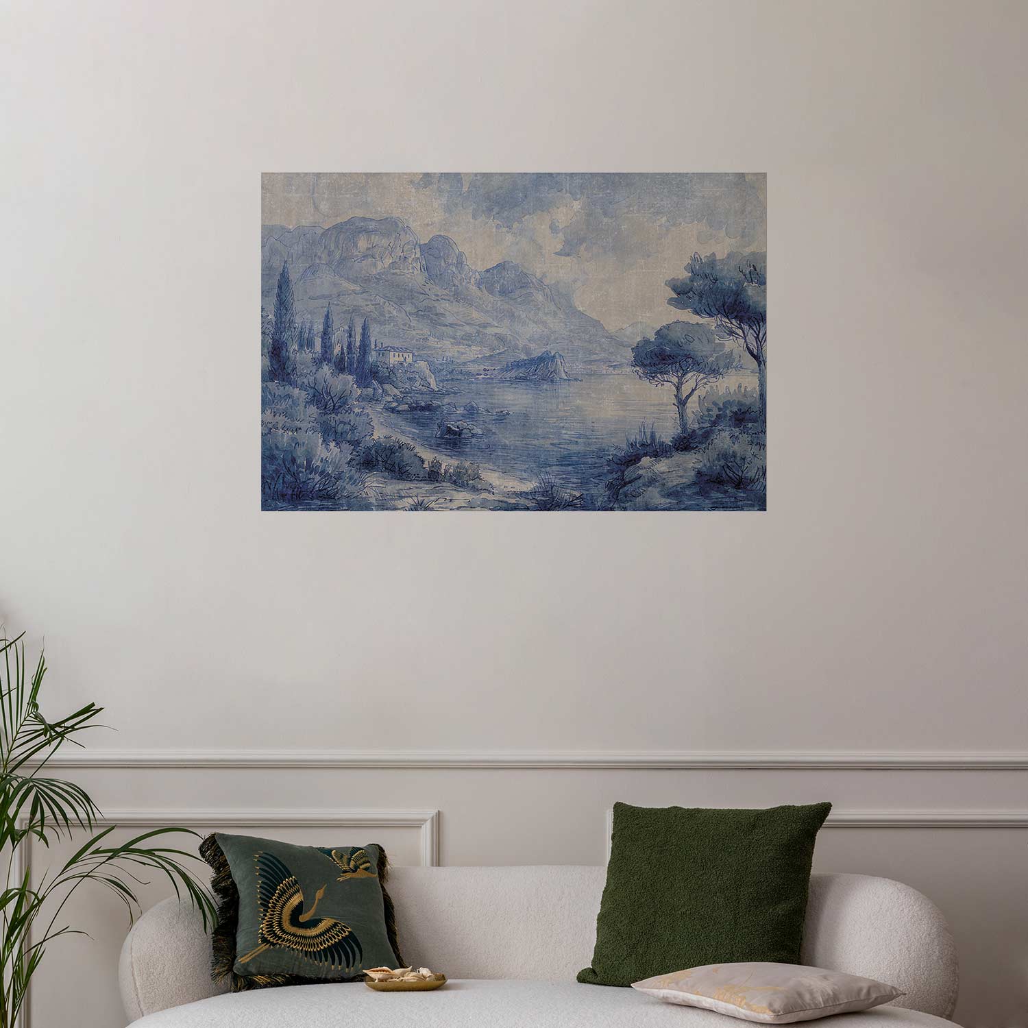 Poster - Blue Bay - Italian Landscape of Lake Como Painted in Blue Ink - Afbeelding 2