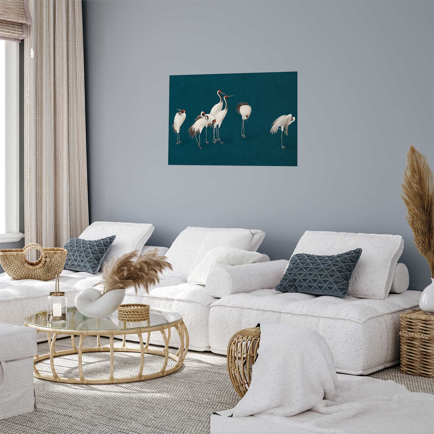 Poster - Evening at the Pond - group of cranes drawn in dry pastel on a dark turquoise background - Afbeelding 2