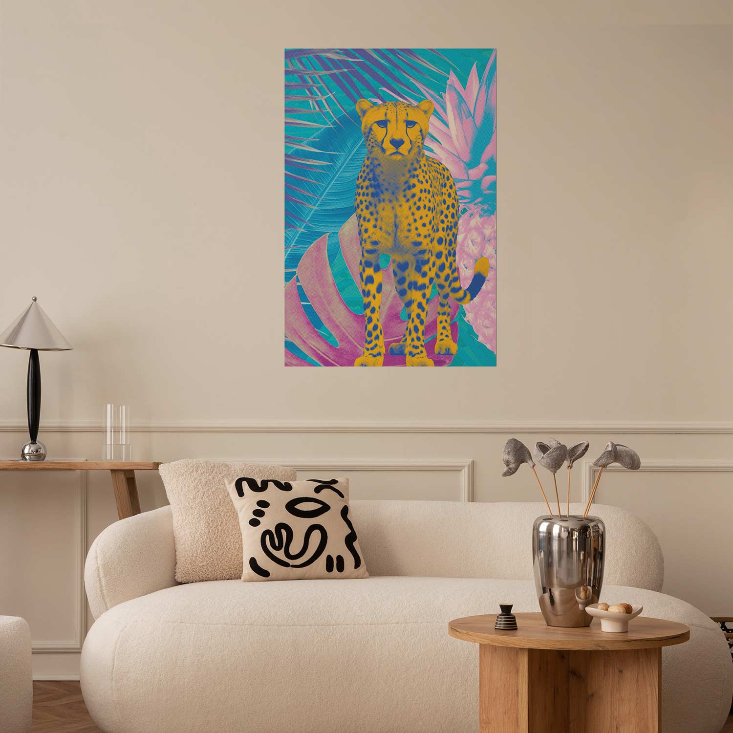Poster - Exotic Leopard - colorful portrait of a cheetah against tropical leaves - Afbeelding 2