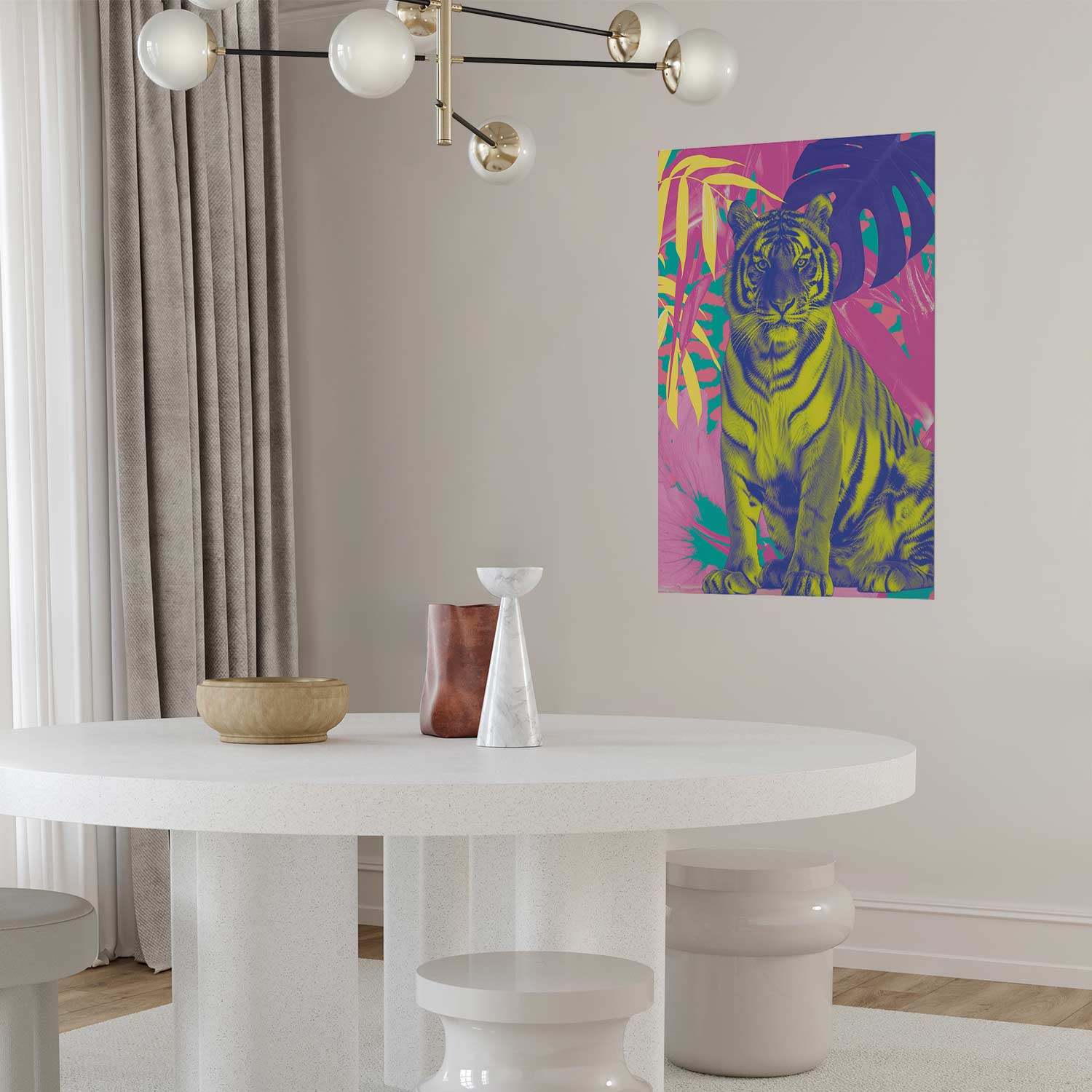 Poster - Colorful Tiger - intense colors of a tiger surrounded by tropical plants - Afbeelding 2