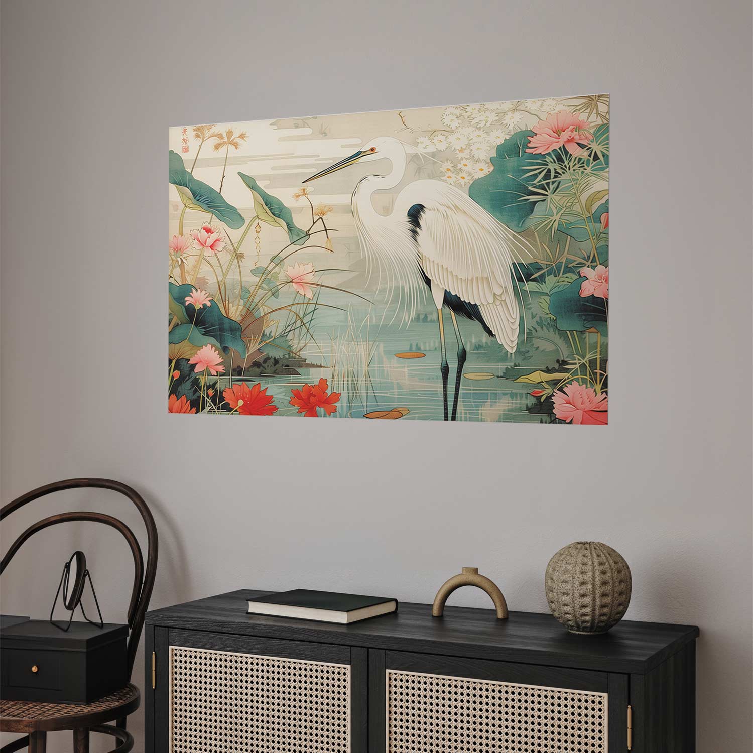 Poster - Over the Asian Pond - illustration in the Japanese print style featuring a heron - Afbeelding 2