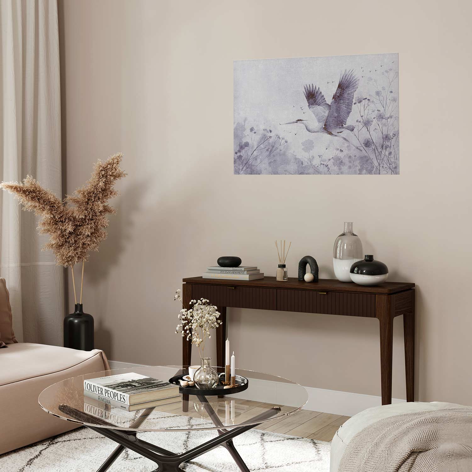 Poster - Majestic Flight - crane in flight in a monochromatic, cool color palette - Afbeelding 2